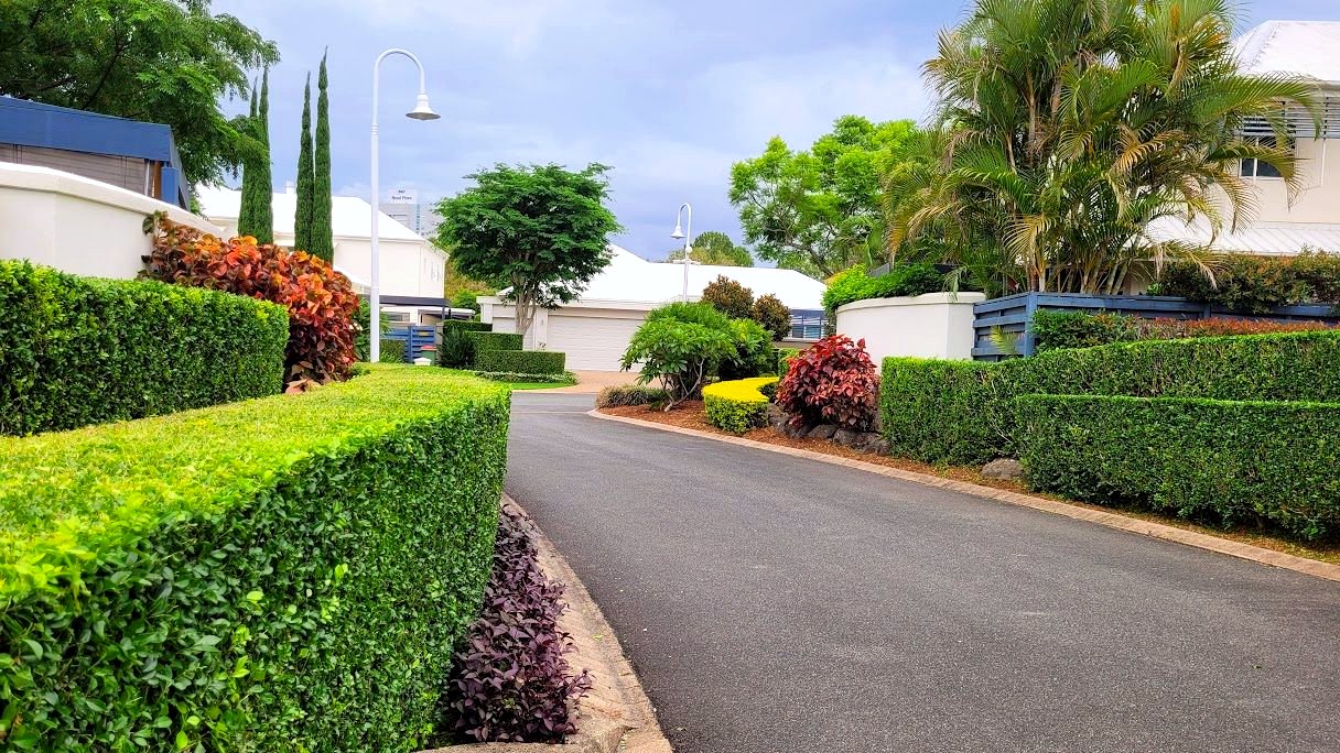 Manicured hedges, gardens and street trees maintained along a commercial estate driveway in South East Queensland